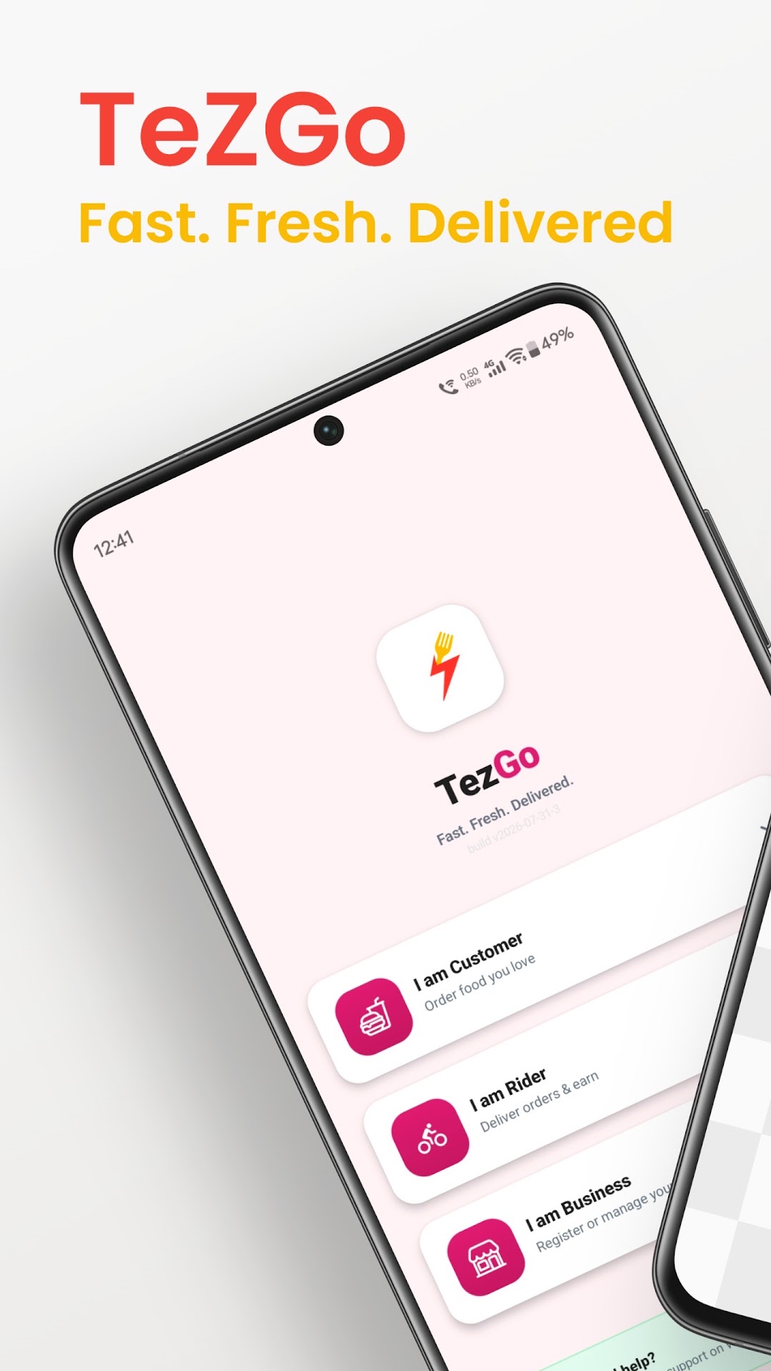 Official TezGo Google Play screenshot showing customer, rider and business options
