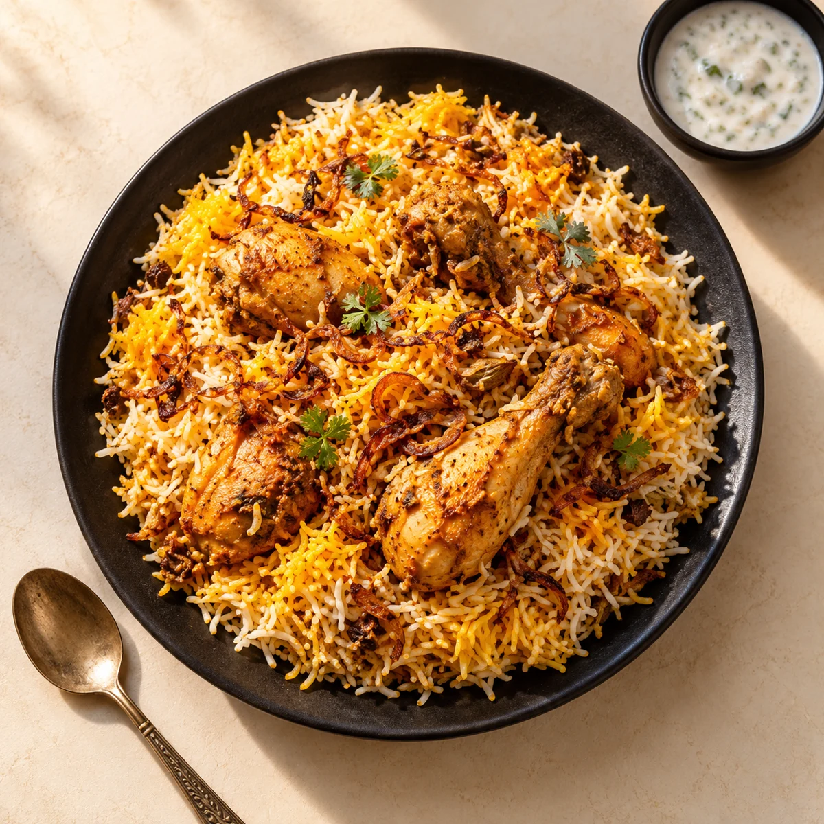 A freshly prepared plate of aromatic Pakistani chicken biryani with raita