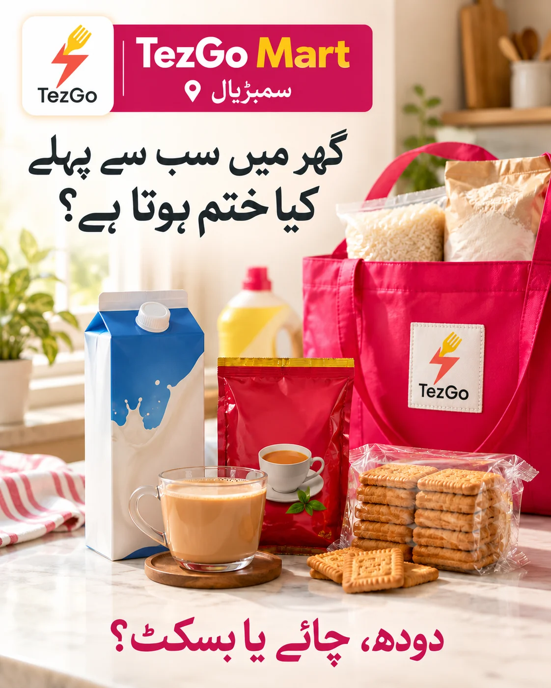 TezGo Mart everyday grocery essentials including milk, tea and biscuits